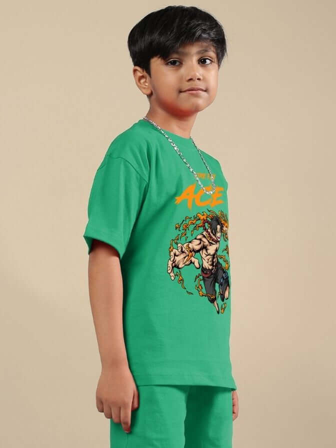 Child wearing ACE green t-shirt for boys and girls, featuring vibrant design. Perfect unisex tee for active kids' wardrobe.