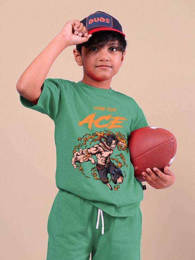 Child wearing green ACE unisex t-shirt holding football, showcasing vibrant activewear for boys and girls.