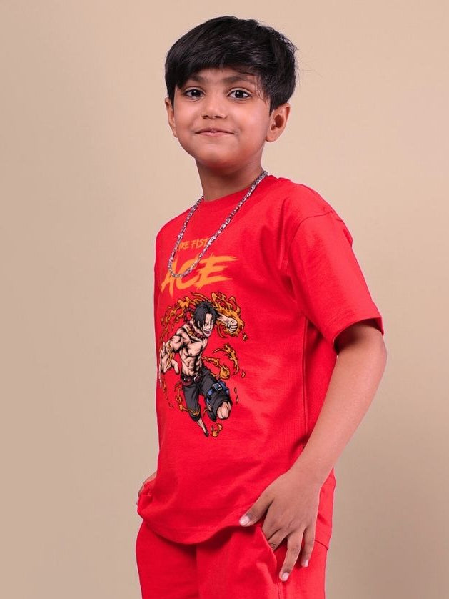 Child wearing ACE red t-shirt for boys and girls, featuring graphic design, representing unisex fashion and comfort.