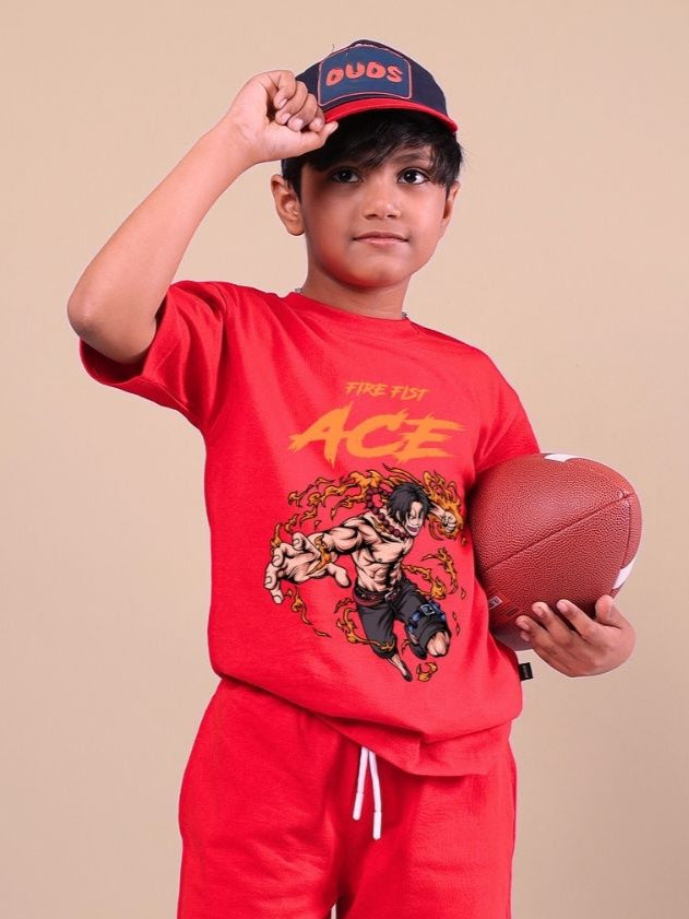 Child wearing ACE red t-shirt holding football, unisex design for boys and girls, vibrant style with bold graphic, sports-inspired.