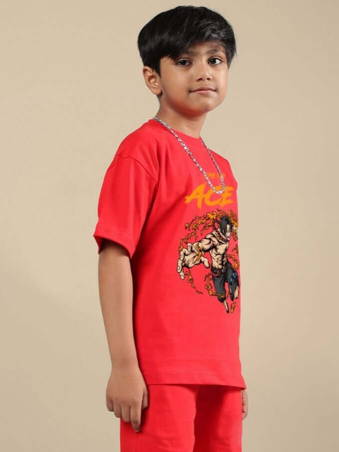 Child wearing ACE red t-shirt for boys and girls, featuring vibrant print. Unisex, stylish, and comfortable. Shop kids' fashion.