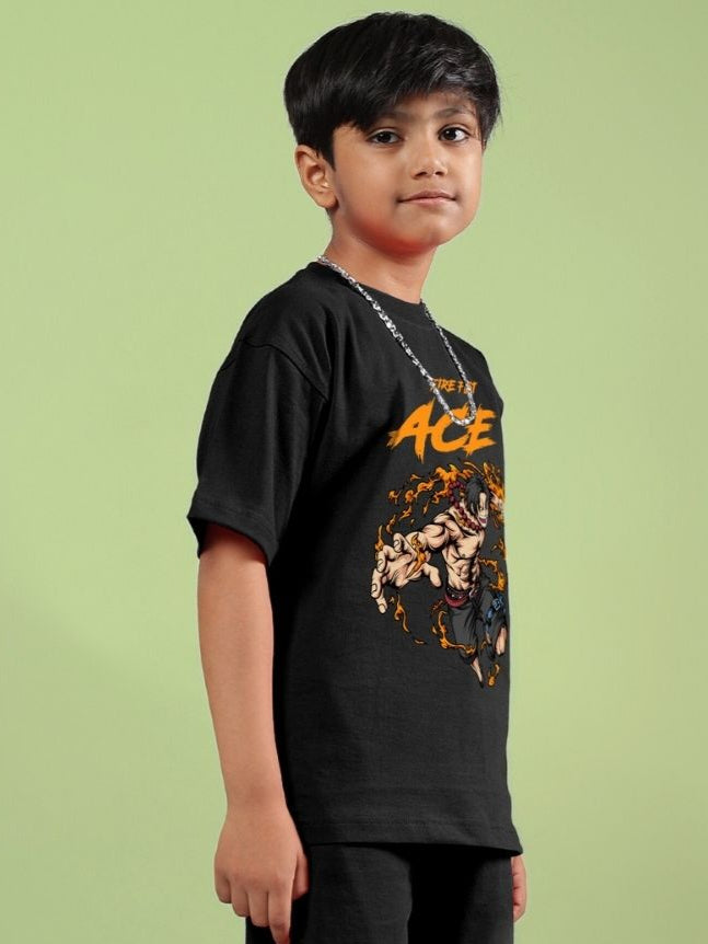 Child wearing ACE black unisex t-shirt, featuring graphic design, suitable for boys and girls.