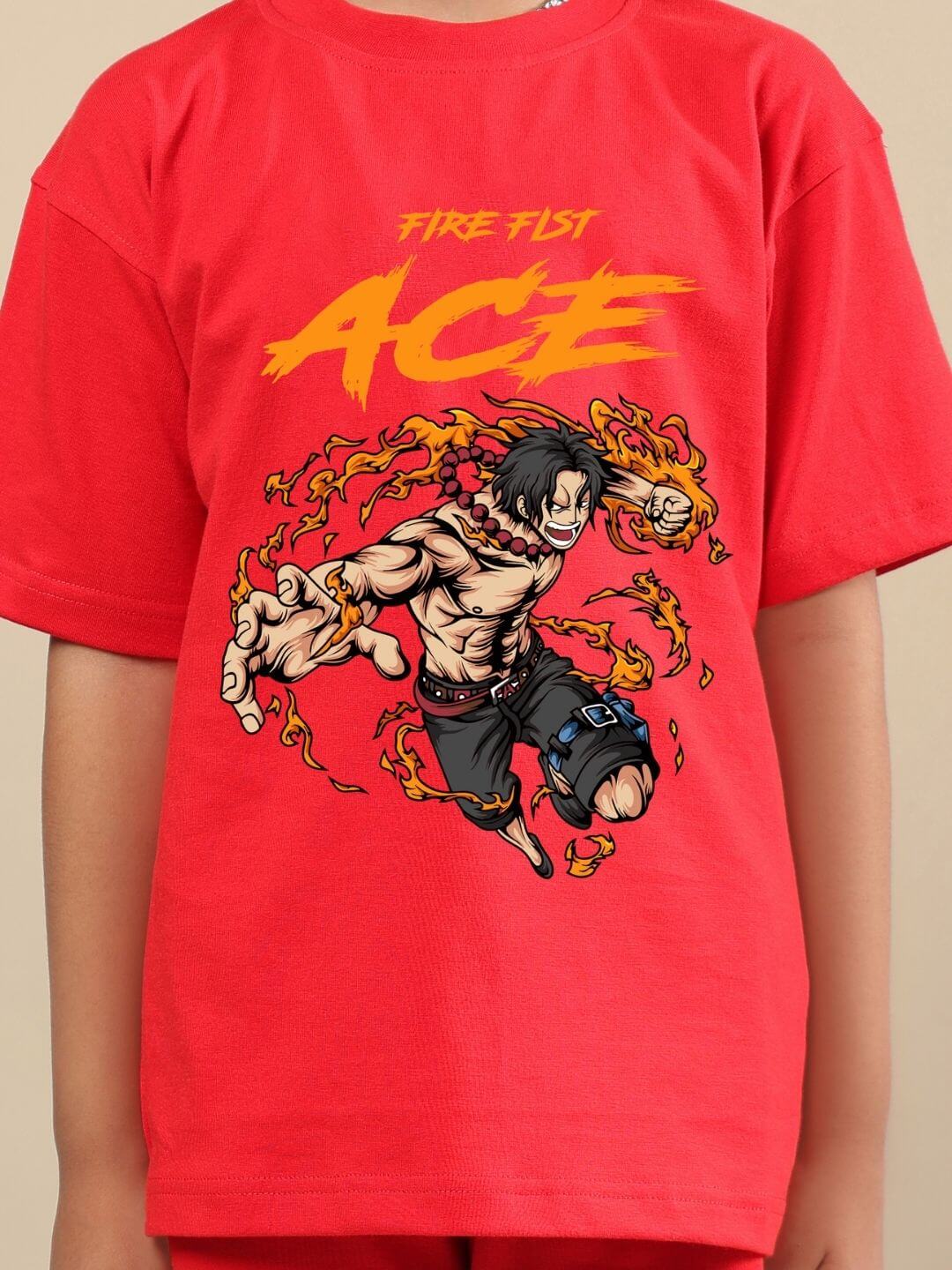 Child wearing ACE CO-ORD FOR BOYS AND GIRLS RED with graphic print design.