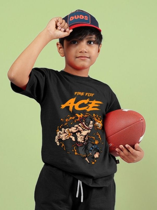 Child wearing ACE black t-shirt for boys and girls, featuring a dynamic graphic design. Versatile unisex fashion, timeless and durable.