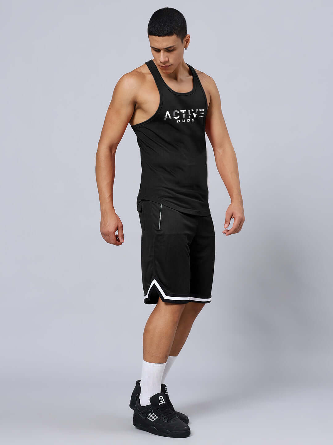 Black Active Cross Fit Gym Co-ord Set featuring a cotton T-shirt and polyester shorts, ideal for workouts. Cold machine washable.