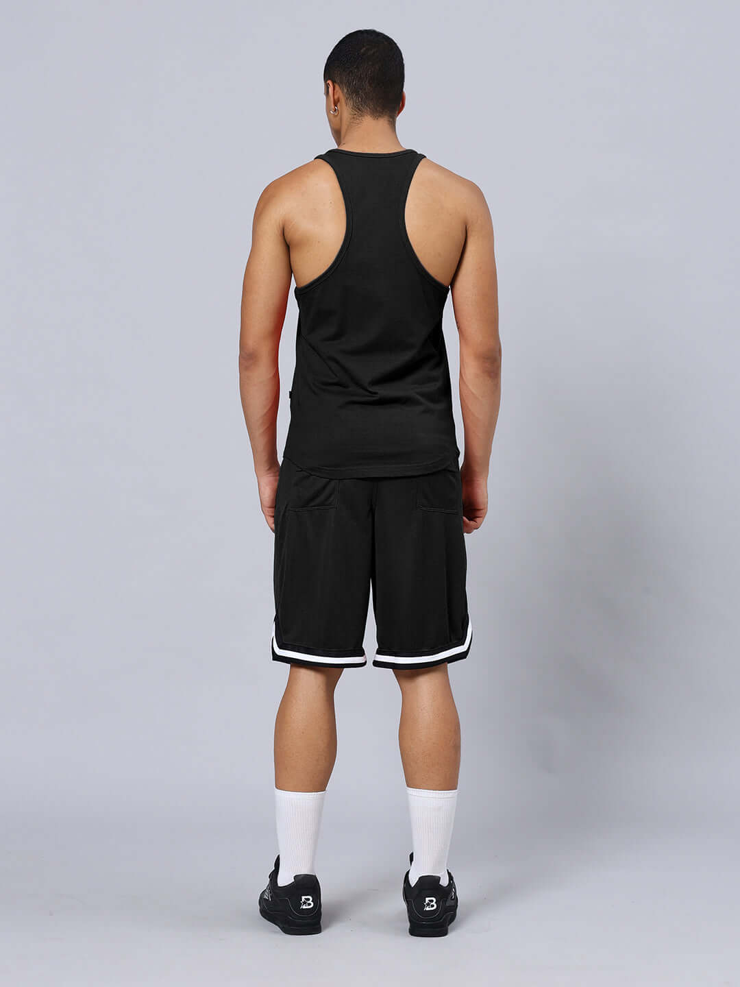 Back view of man wearing ACTIVE CROSS FIT GYM CO-ORD SET BLACK, showcasing high-performance fitness apparel for intense workouts.