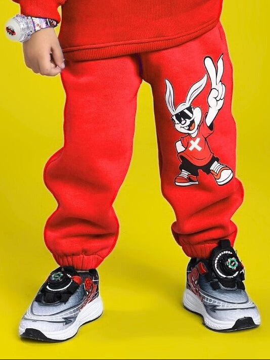 ADVENTURE BUNNY FLEECE JOGGER FOR BOYS AND GIRLS RED featuring a playful bunny design on vibrant red fabric.