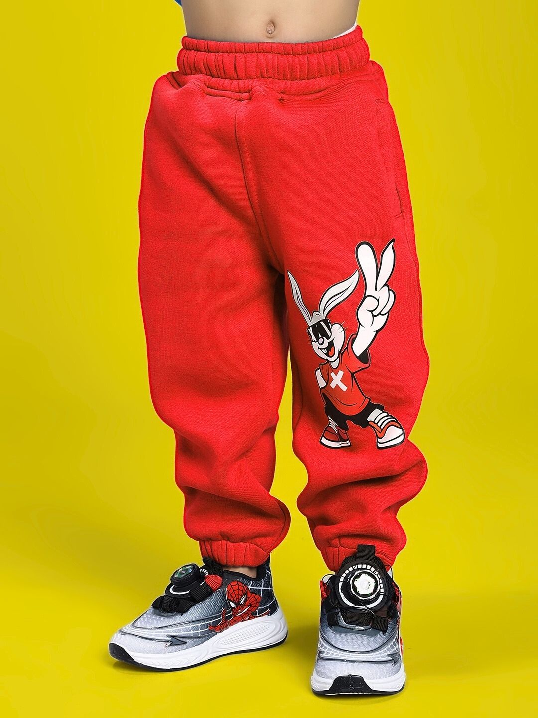 ADVENTURE BUNNY FLEECE JOGGER FOR BOYS AND GIRLS RED with playful bunny design on vibrant pants