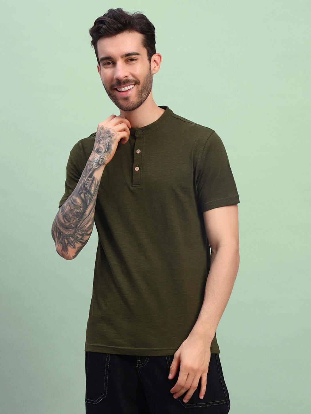 Man wearing ALBET regular fit olive green T-shirt in premium heavy cotton slub fabric