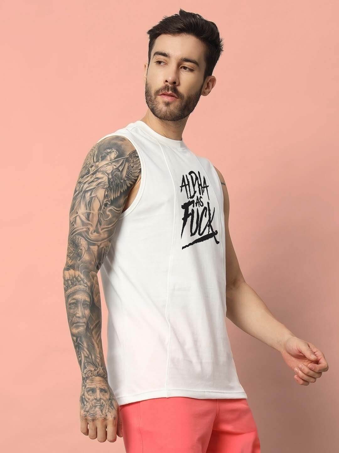 Man wearing off-white 'Alpha As Fuck' gym t-shirt with custom fit option available; perfect for fitness enthusiasts. Keywords: custom fit, gym t-shirt.