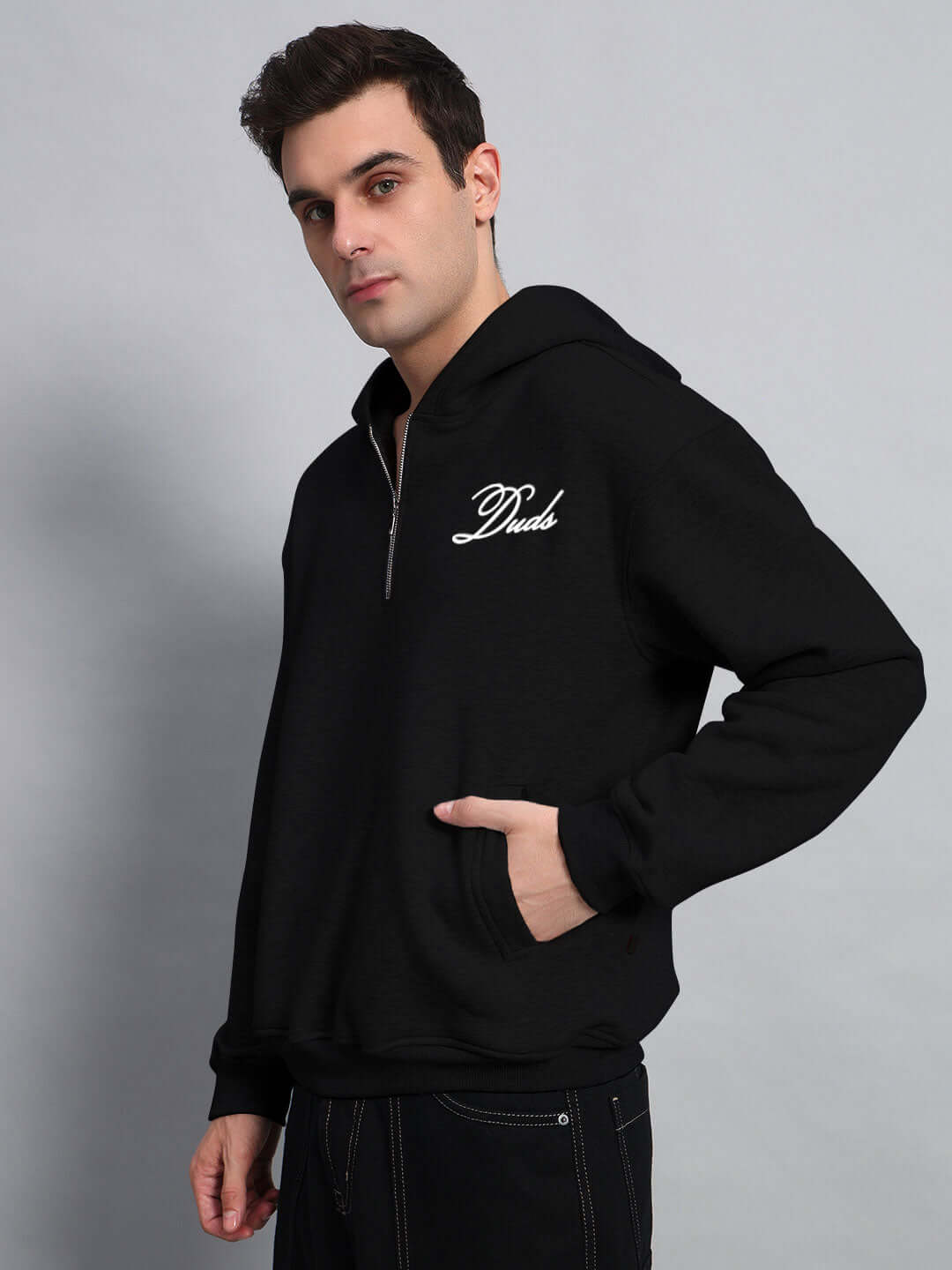 WEARDUDS AMARILLO FLEECE HOODIE BLACK shown on model, featuring a casual fit and stylish design for made-to-order customization.
