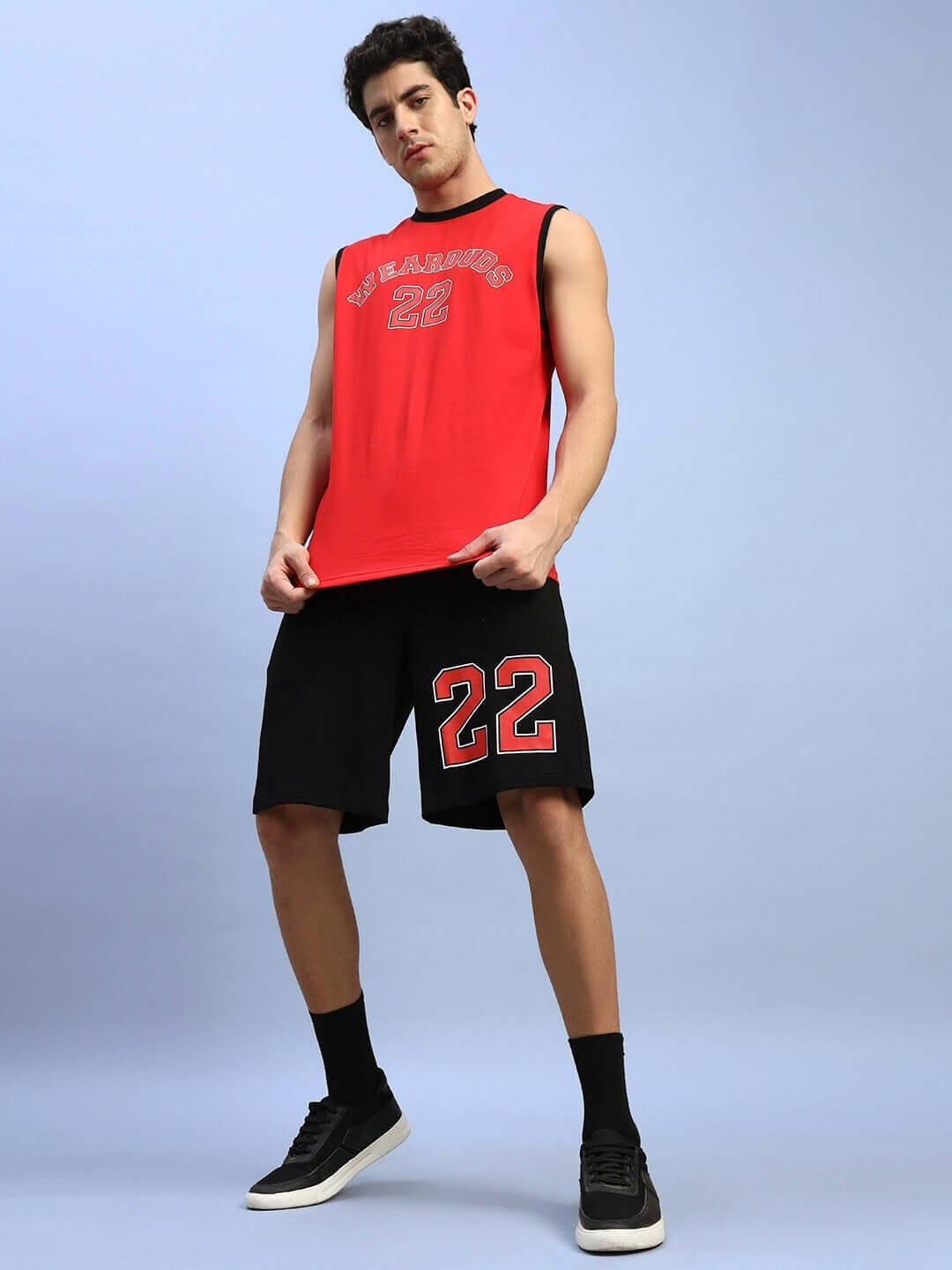 AMIGA Gym Co-Ord Set in Red-Black, featuring sleeveless cotton top and shorts with number graphics, ideal for workouts. Made in India.