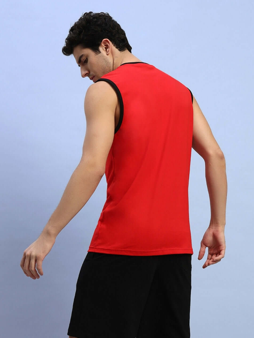 Back view of red AMIGA gym t-shirt, perfect for custom fit options, showcasing design and vibrant color ideal for workouts.