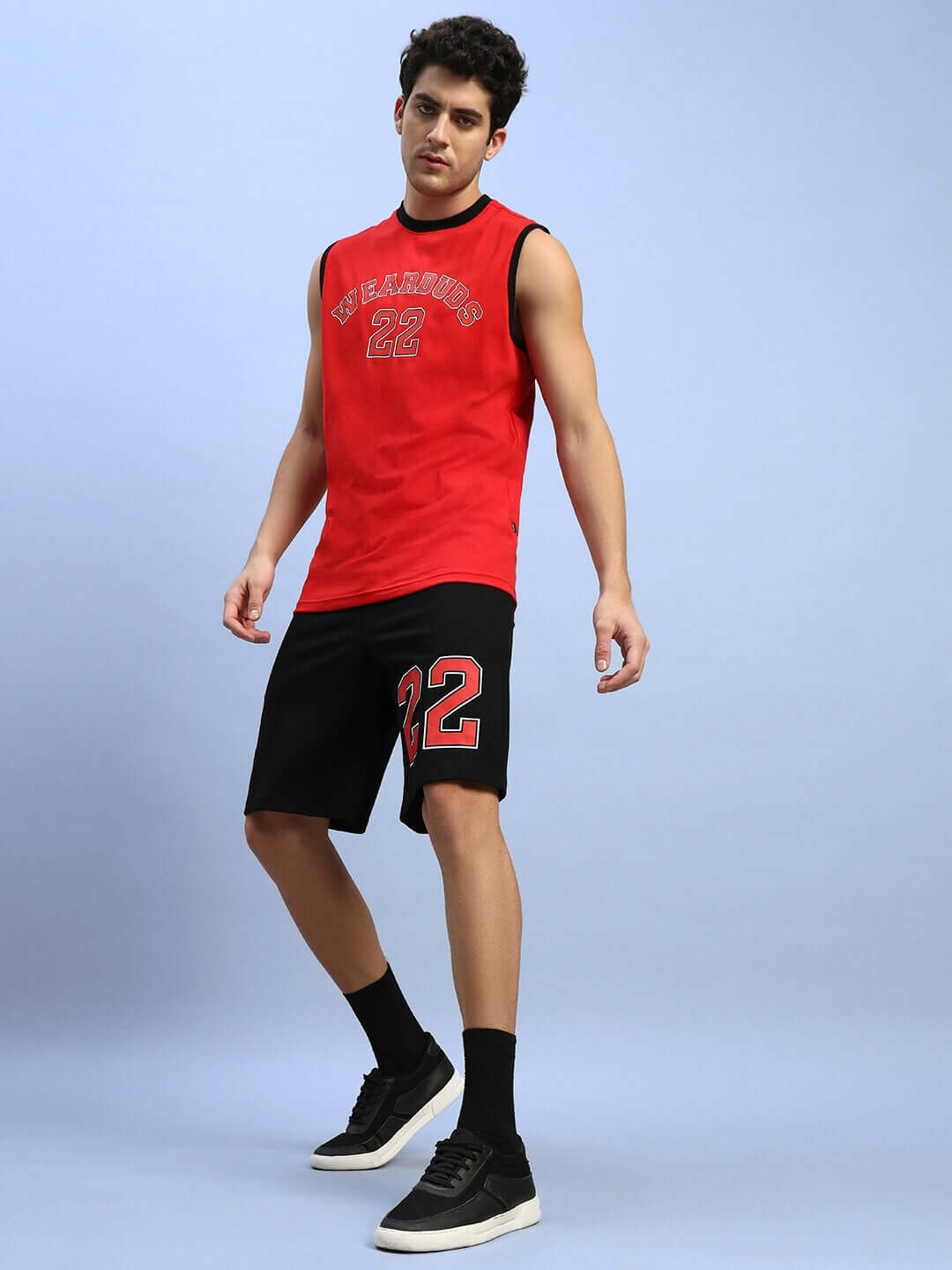 AMIGA GYM CO-ORD SET RED-BLACK, made of 100% cotton, worn by model. Ideal activewear outfit for gym or casual wear.