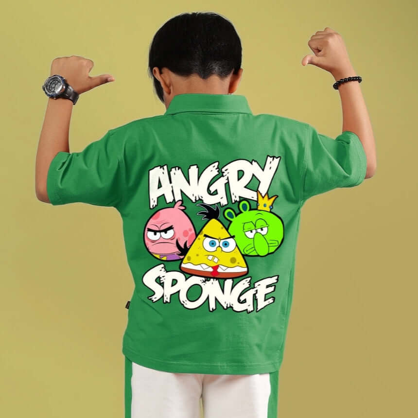Child wearing green Angry Sponge shirt with cartoon characters, showcasing fun design for boys and girls.