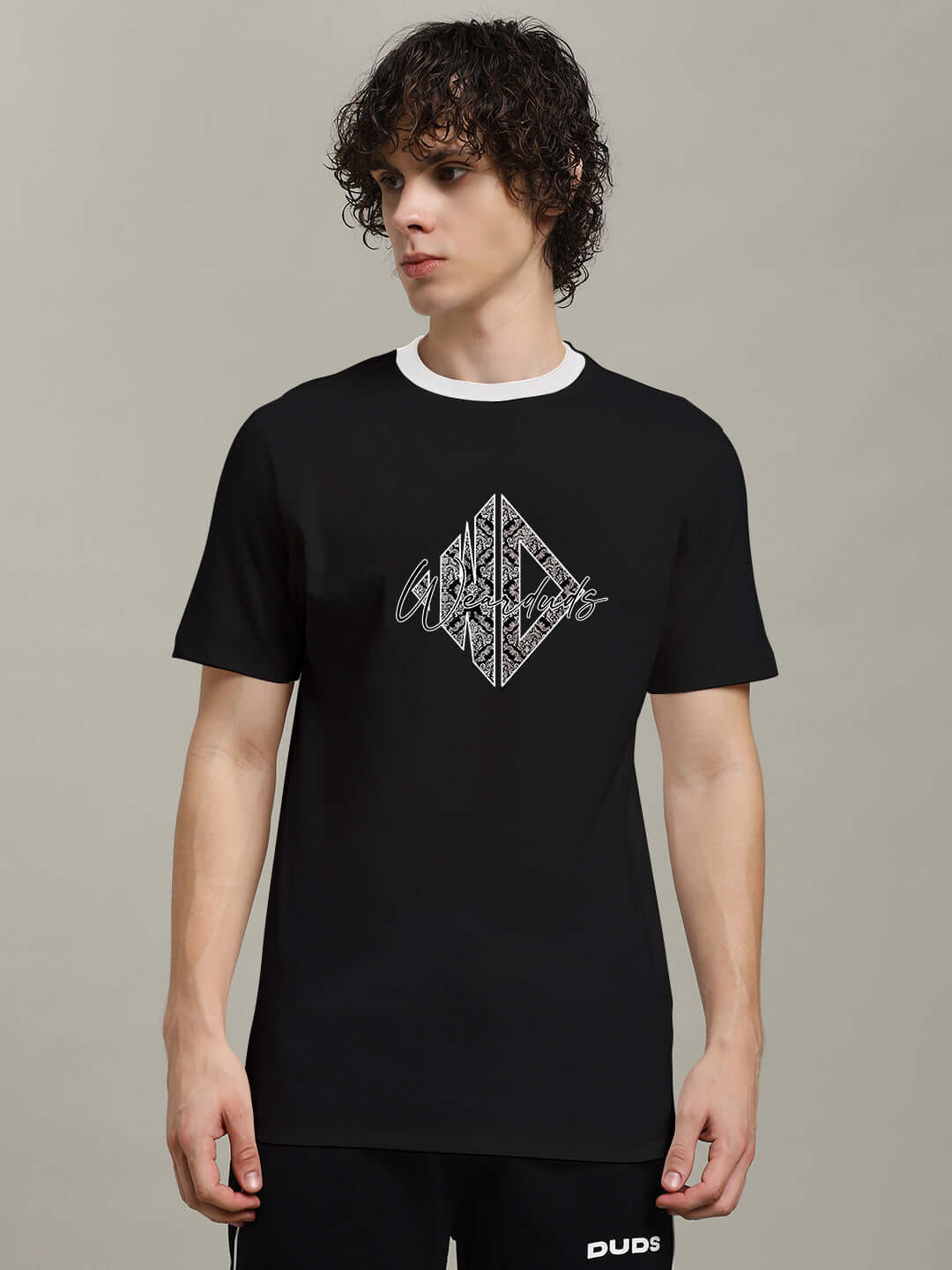 Black Angular Regular Fit T-Shirt in premium 100% cotton, worn by model, featuring geometric design, perfect for casual wear.