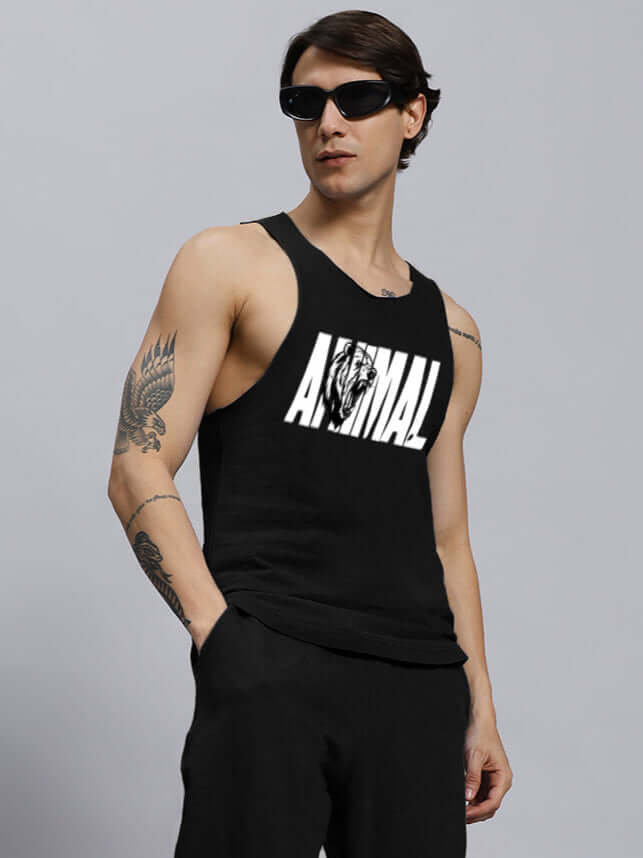 Man wearing black gym t-shirt with animal print design, available for custom fit.