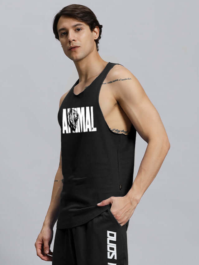 Black animal-printed gym t-shirt on male model, showcasing athletic design. Perfect for workout enthusiasts seeking custom fit options.