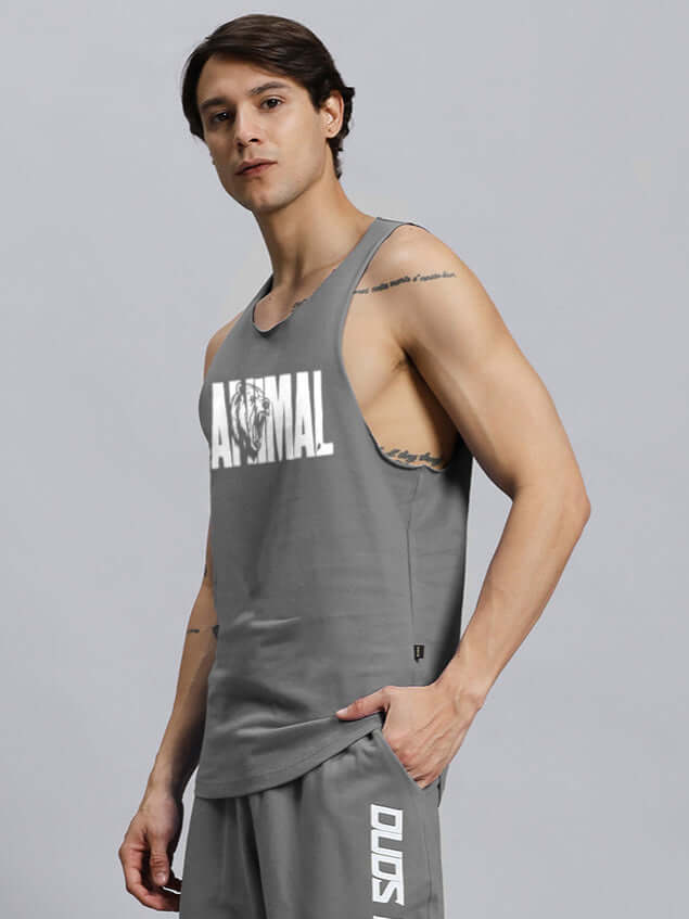 Man wearing ANIMAL PRINTED GYM T-SHIRT GREY, showcasing a trendy and sporty design.