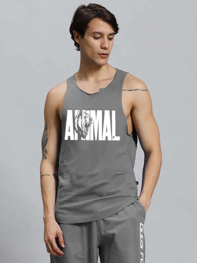 Men's grey animal printed gym t-shirt, sleeveless design with 'ANIMAL' text, showcasing athletic style.