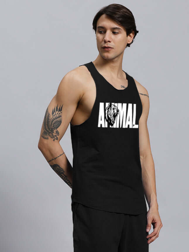 Men's black gym t-shirt with animal print design, custom fit option available for prepaid orders, handmade with dedication.