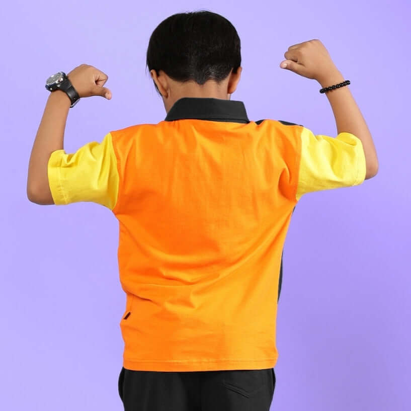 Child wearing colorful APEX shirt, flexing muscles, showcasing back view. Suitable for boys and girls. Multi-black color.