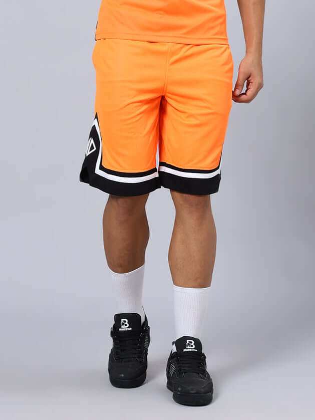 ARMADO REGULAR FIT SHORTS ORANGE BLACK ARMADO Regular Fit Shorts in orange and black, featuring customizable size options and prepaid orders for tailored fit.