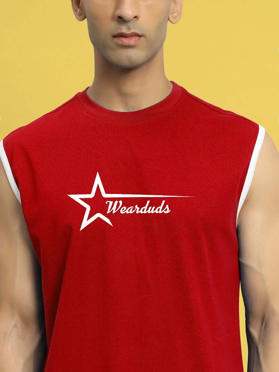 Man wearing ASTRA Gym T-Shirt in red with a star logo, emphasizing 'Custom Fit' option and suitability for workouts.