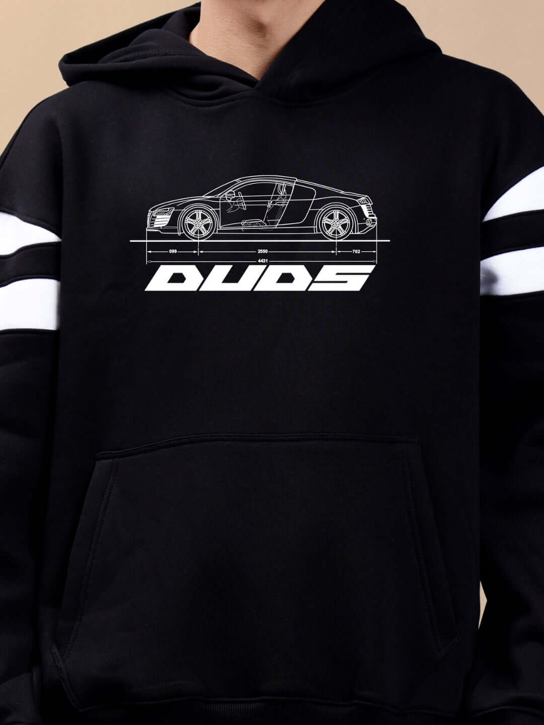 AUDI R8 FLEECE COLORBLOCK OVERSIZE HOODIE BLACK with sporty design and car graphic
