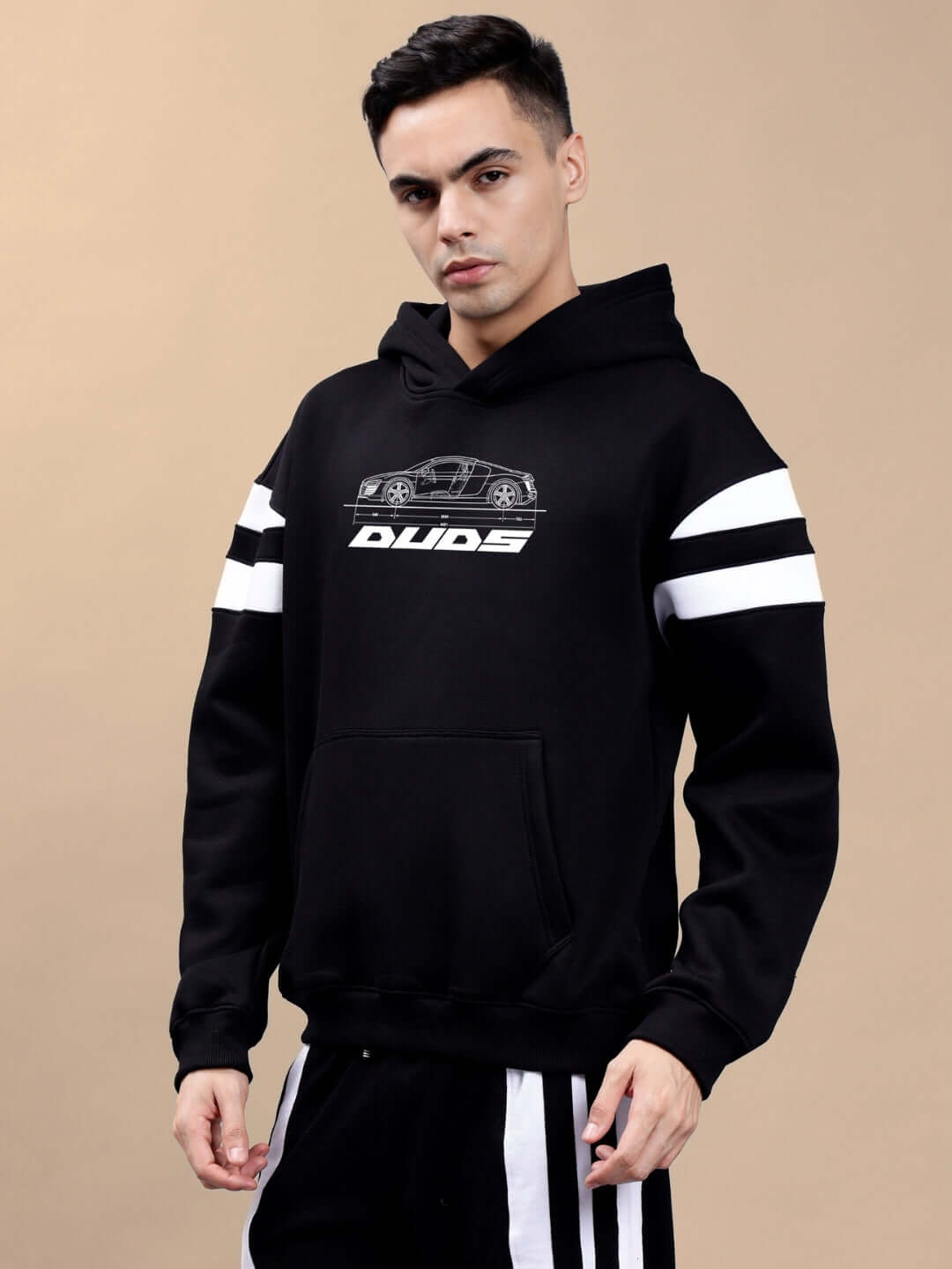 AUDI R8 FLEECE COLORBLOCK OVERSIZE HOODIE BLACK with sporty design worn by model