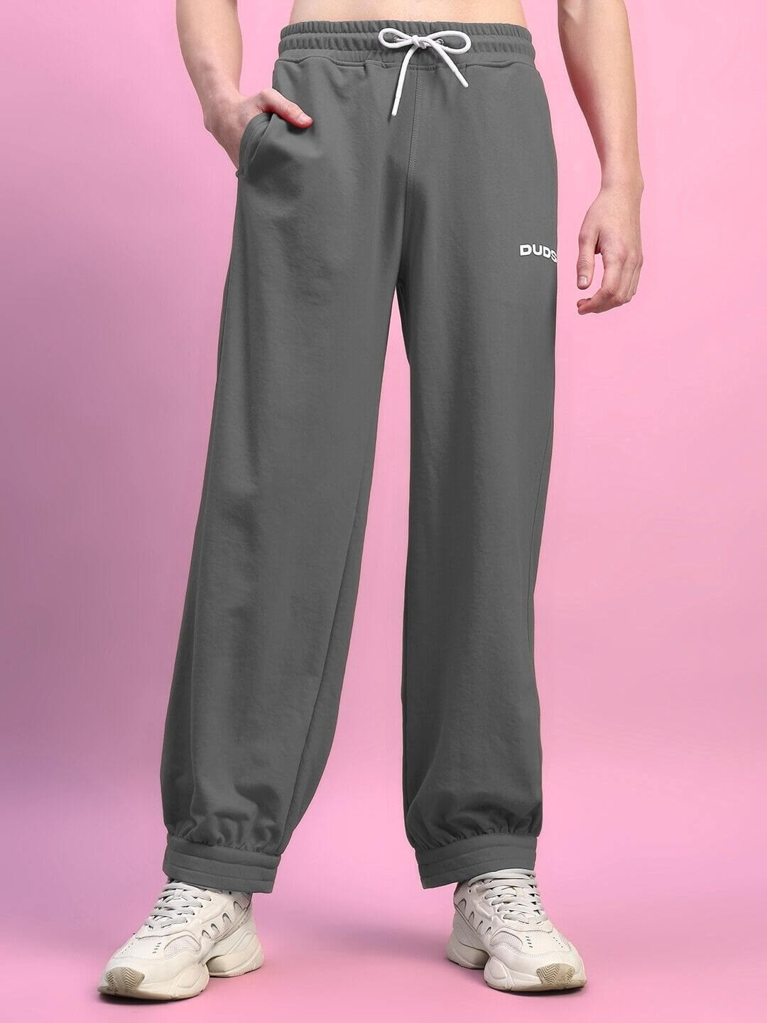 Grey Austrian relaxed-fit joggers made by DUDS, featuring customizable fit options and crafted by experienced tailors.