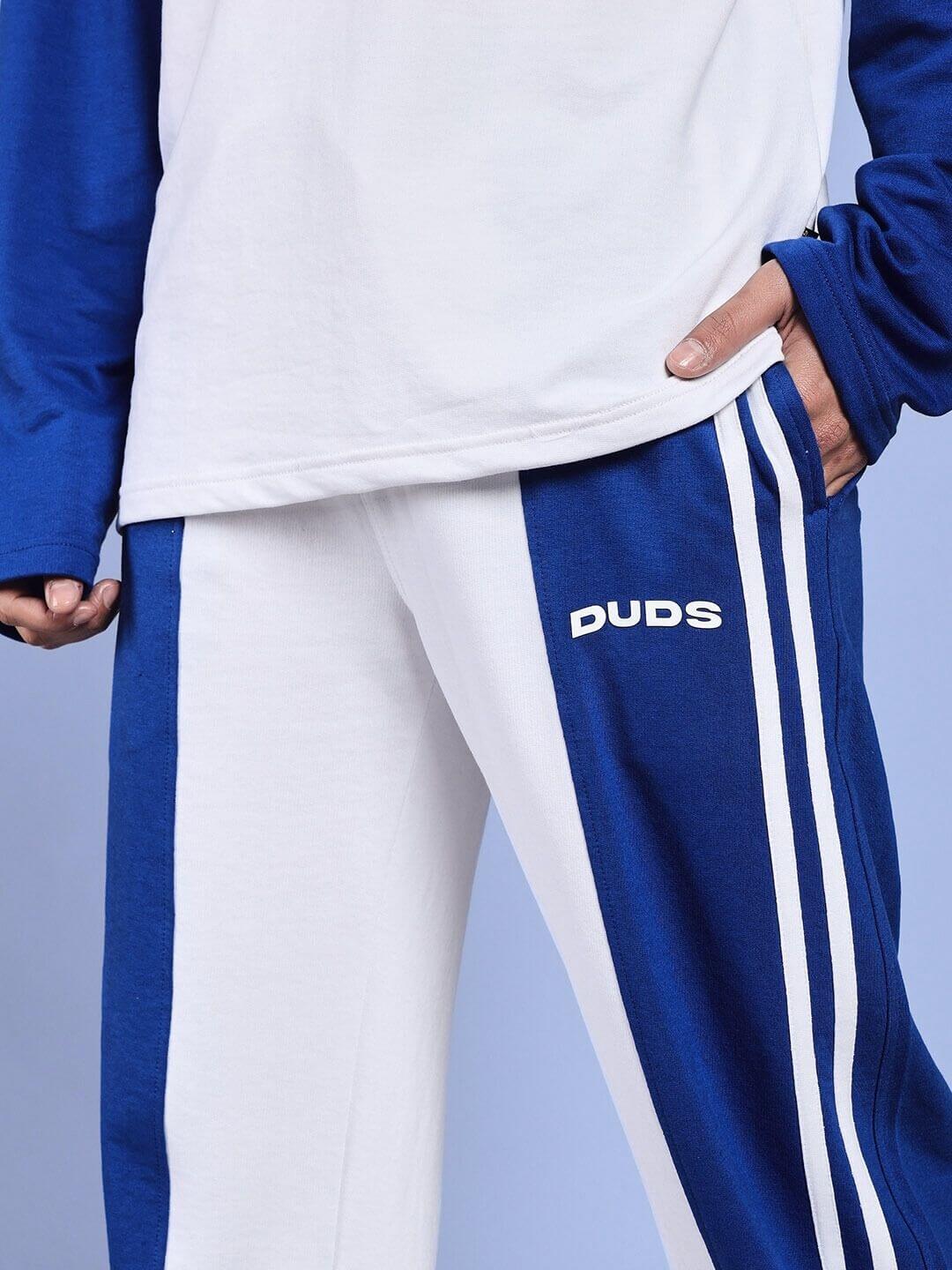 Close-up of Balmy Relaxed Fit Jogger in white-blue by DUDS, showcasing stylish design and comfortable fit.