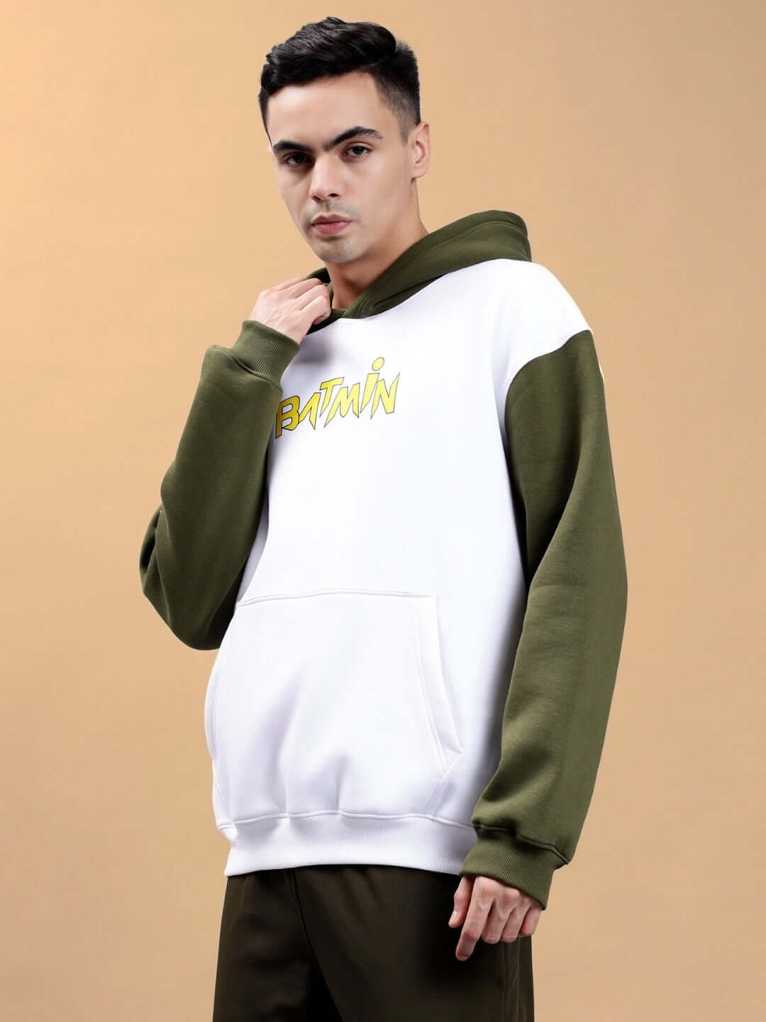 Batmin Colorblock Oversized Fleece Hoodie in White-Olive Green on model, showcasing streetwear style and comfort.