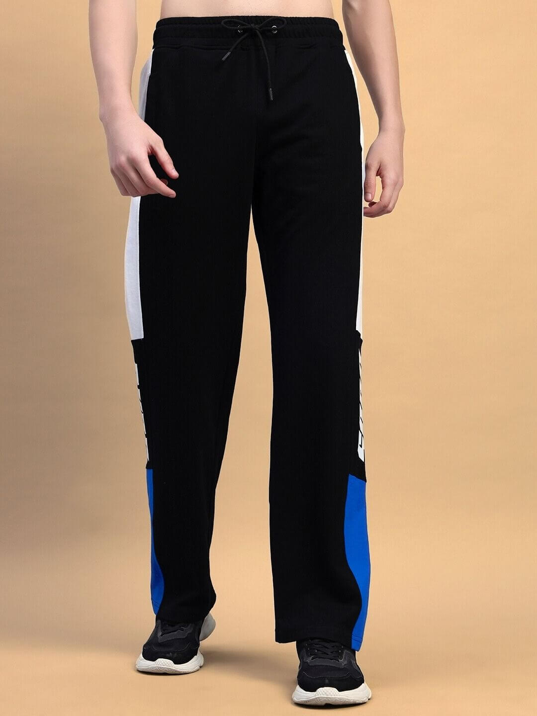 BELGIANS RELAXED-FIT JOGGERS BLACK BLUE streetwear pants with black and blue color block design, ideal for casual or athletic wear.