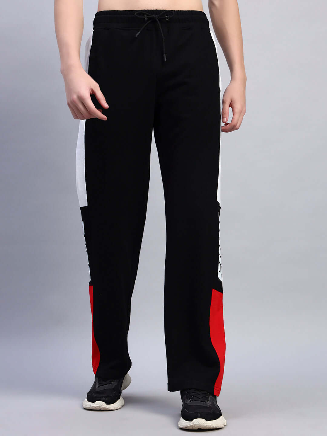 Black and red Belgian relaxed-fit joggers with custom fit options for personalized comfort, designed by DUDS.