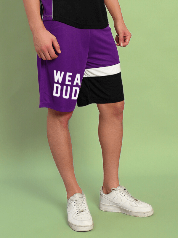 BET ON YOURSELF regular fit purple black shorts, customizable size, comfortable design, perfect for activewear and casual outings.