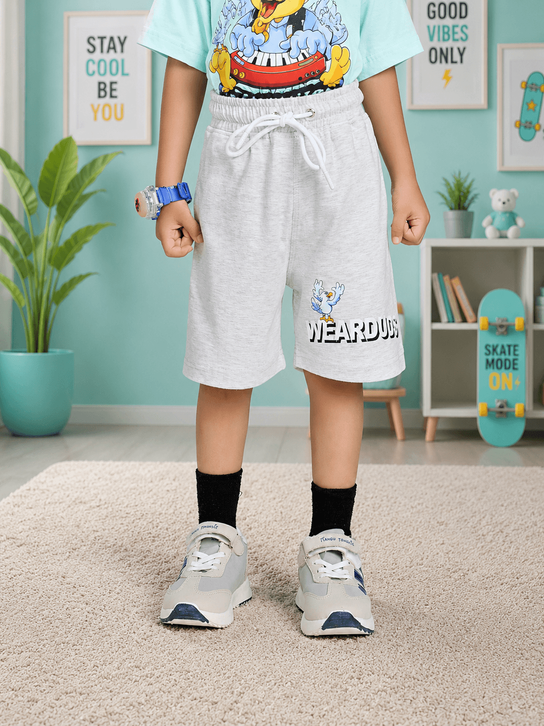 BIRD ON THE KEYS CO-ORD FOR BOYS GIRLS SKY BLUE LIGHT GRAY stylish outfit with shorts and shoes.