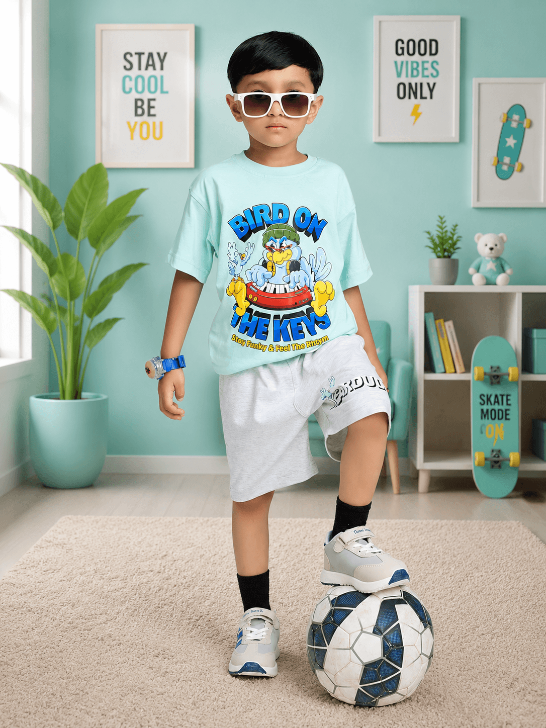 BIRD ON THE KEYS COOL SHORTS FOR BOYS GIRLS LIGHT GRAY worn by a boy posing with a soccer ball in a stylish indoor setting.
