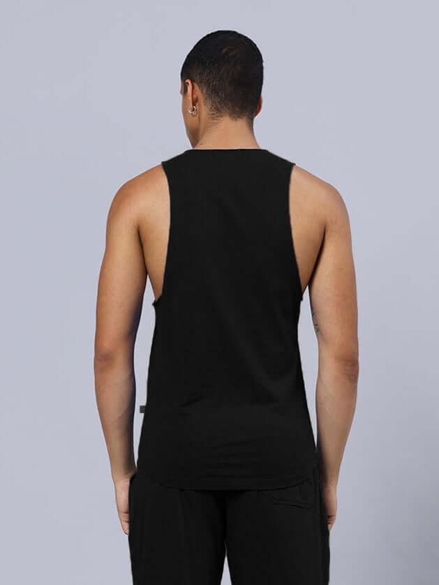 Back view of a black animal printed gym t-shirt, showcasing athletic fit, perfect for workouts and customizable for a tailored fit.