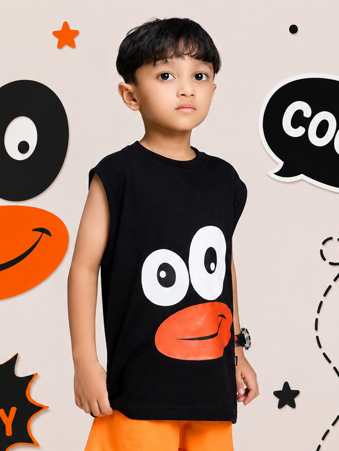 SMILEY EYES PRINT T-SHIRT FOR BOYS GIRLS BLACK featuring a playful design with a large face graphic.