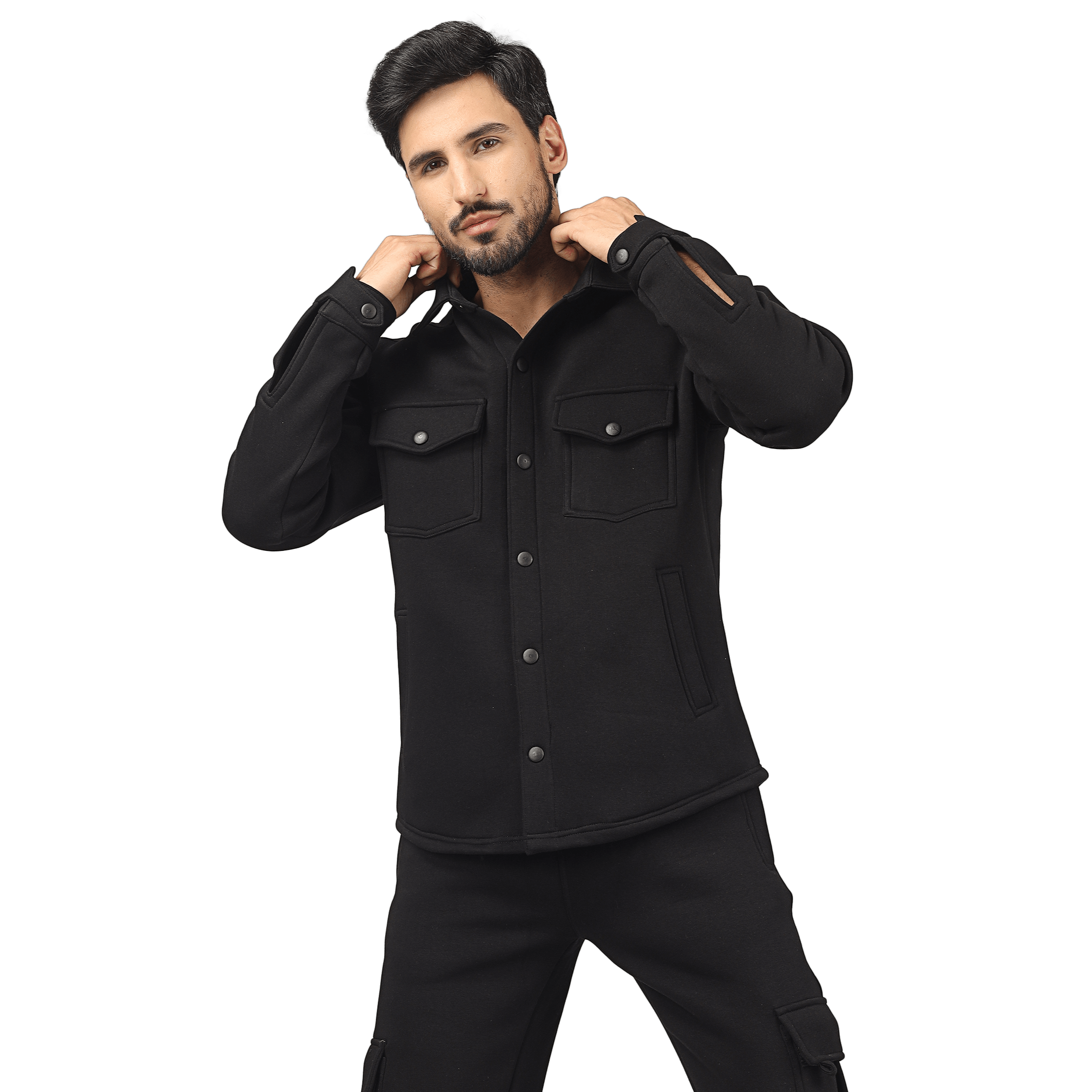 Man wearing black relaxed fit full overshirt, breathable and stylish for casual fashion.