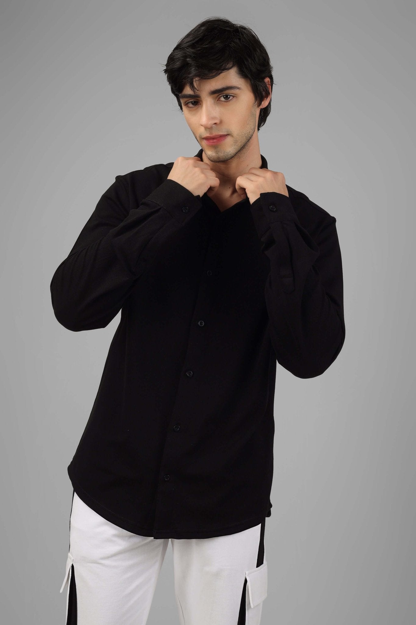 BLACK SPORTY PIQUE WRINKLE FREE SHIRT - SHIRT