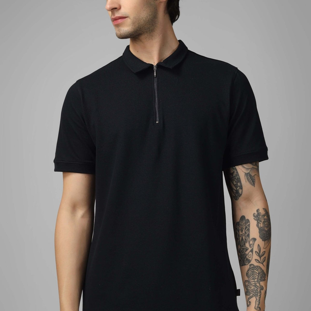 Mens Premium Zipper Collar Polo T-Shirt Textured Fabric