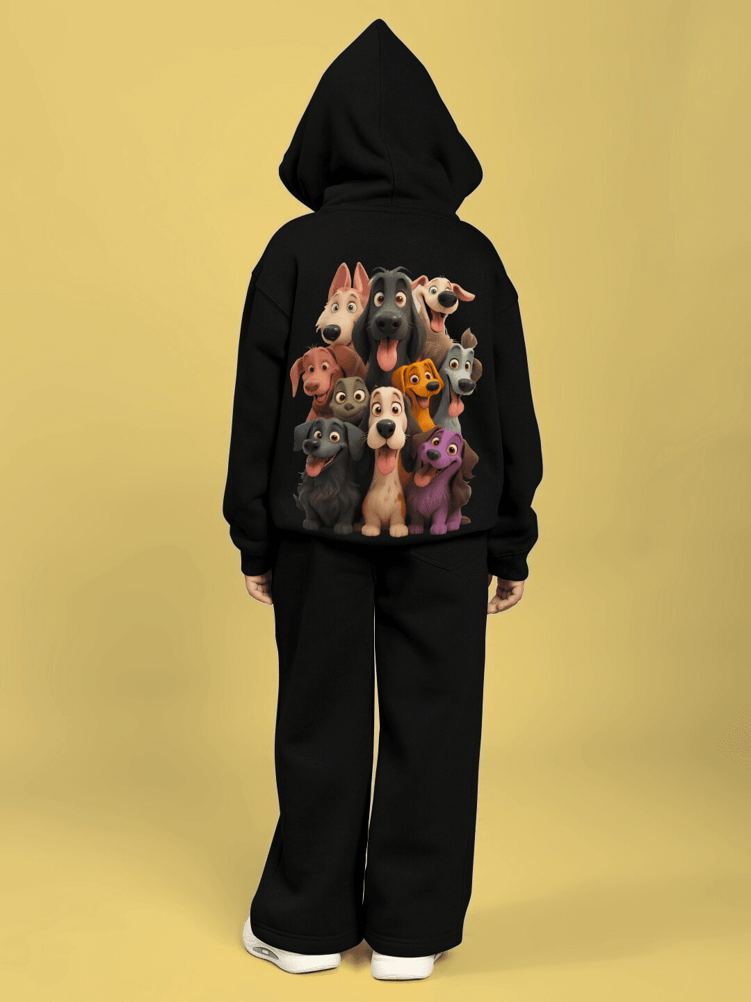 CHARMING CARTOON DOGS FLEECE CO-ORD FOR BOYS AND GIRLS BLACK featuring cartoon dog graphics, shown on a child from the back.