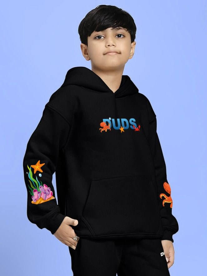 BLUE OCEAN WORLD FLEECE HOODIE FOR BOYS AND GIRLS BLACK - KIDS HOODIE