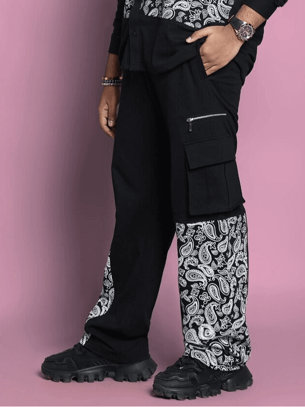 Man wearing COVE CO-ORD SET (BLACK) with paisley accents; premium cotton fabric, ideal for stylish comfort and durability.