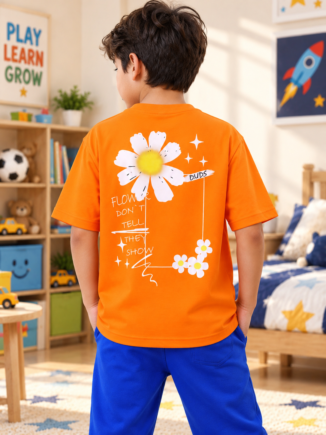 BLOOM QUOTE OVER-SIZED T-SHIRT FOR BOYS GIRLS ORANGE with daisy floral print, kids casual wear