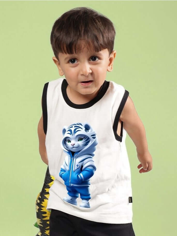 Boy wearing off white Blue Cat summer t-shirt for kids with cat graphic, suitable for boys and girls, against green background.