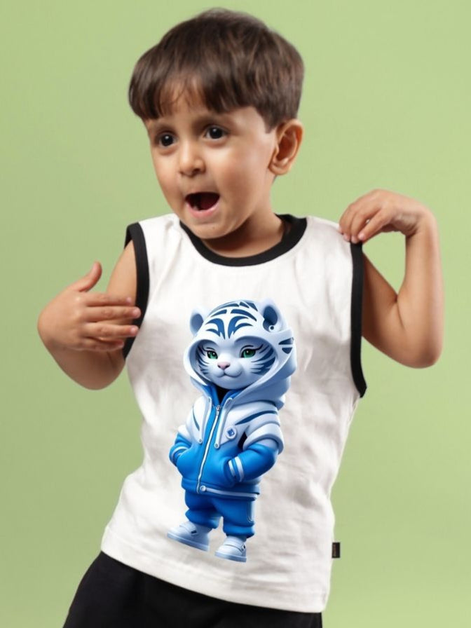 Child wearing Blue Cat summer t-shirt in off white for boys and girls, featuring a cute cat graphic, against a green background.