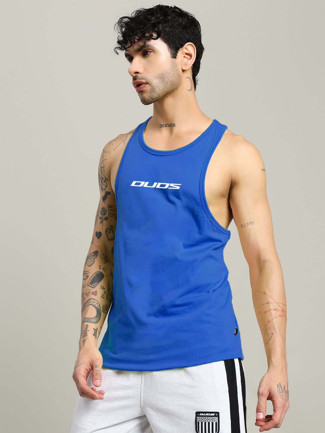RUN FOR LIFE SLEEVELESS GYM T-SHIRT BLUE worn by male model showcasing athletic fit and style.